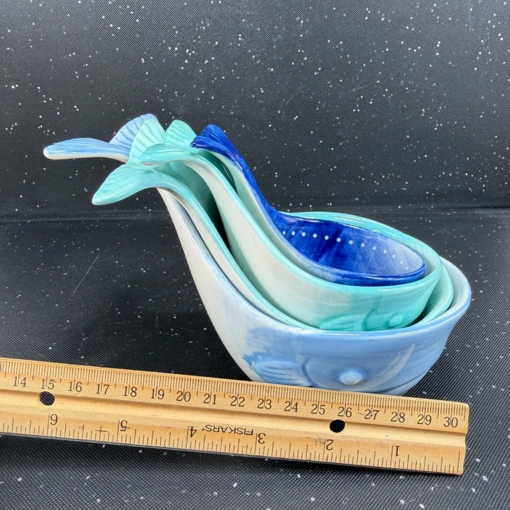 Anthropologie Whale Ceramic Measuring Cup Set Blue Teal 4 Piece Nesting Set